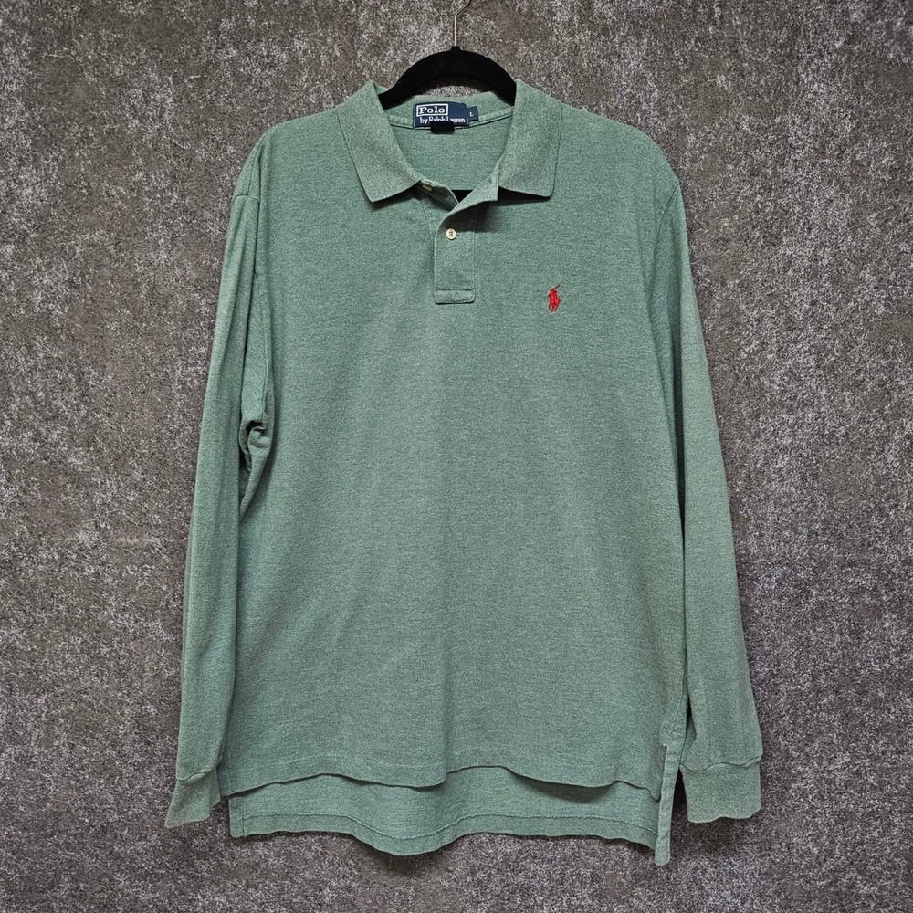 Polo Ralph Lauren Mens Long Sleeve Cotton Polo Shirt Red Pony Logo Green, Large